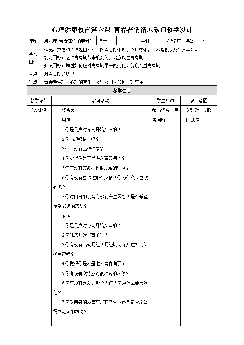 七年级心理健康 第六课 青春在轻轻地敲门  课件+教案01