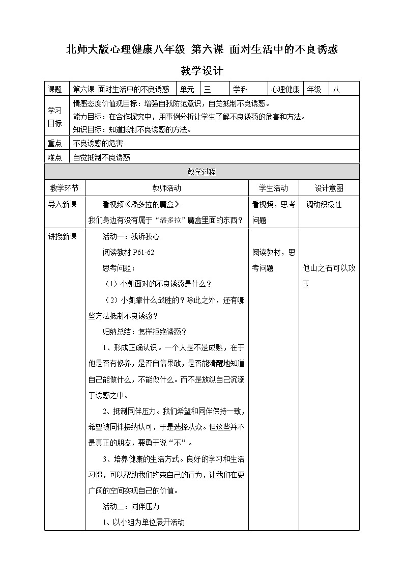 第六课 面对生活中的不良诱惑 课件+教案+素材-北师大版心理健康八年级01
