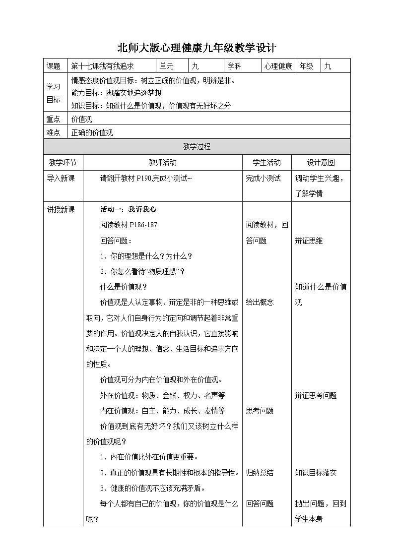 北师大九年级全册心理健康17 我有我追求教案第1页