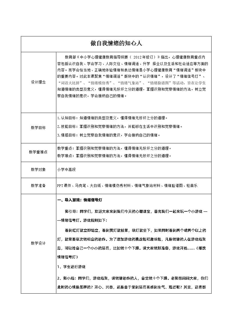 第十五课 揭开情绪的面纱——做自我情绪的知心人 教案   2023—2024学年北师大版（2015）初中心理健康七年级全一册第1页