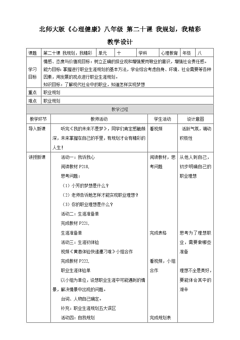 北师大版（2021）心理健康八下 第20课《我规划，我精彩》假设第1页