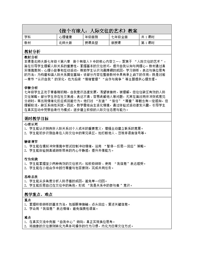 第11课 人际交往的艺术　教学设计 北师大版（2015）心理健康七年级全一册第1页