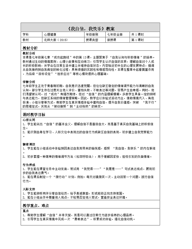 第13课 我自信，我快乐　教学设计　北师大版（2015）心理健康七年级全一册第1页