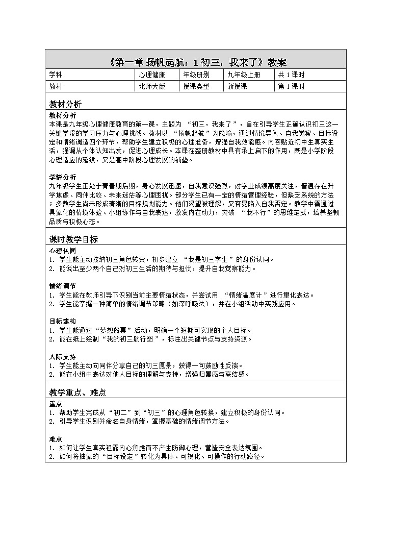 第一章 扬帆起航：1.初三，我来了 教学设计 2025-2026学年北师大版（2015）初中心理健康九年级全一册第1页