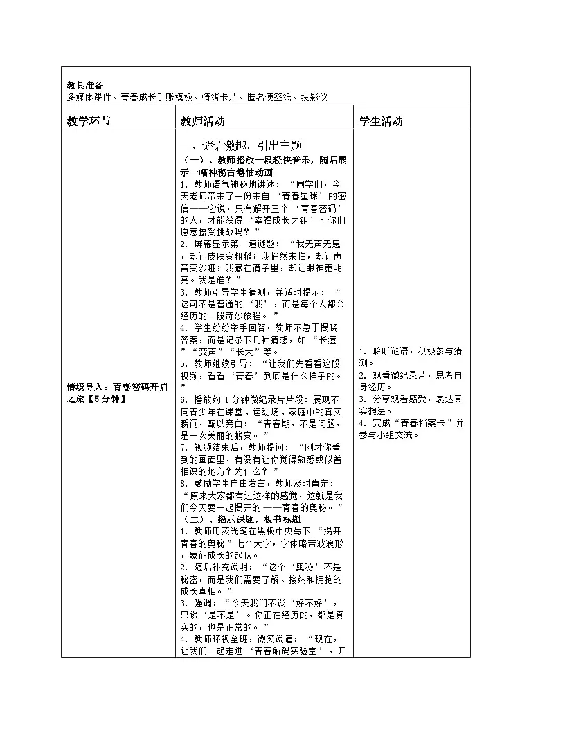 第3课 揭开青春的奥秘　教学设计 北师大版（2015）心理健康七年级全一册第2页