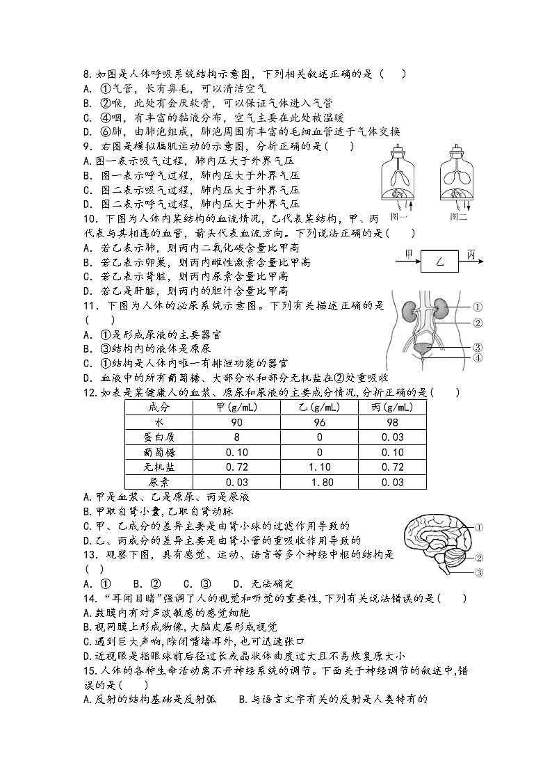 北师大版七年级下学期生物期末 测试题（有答案）02