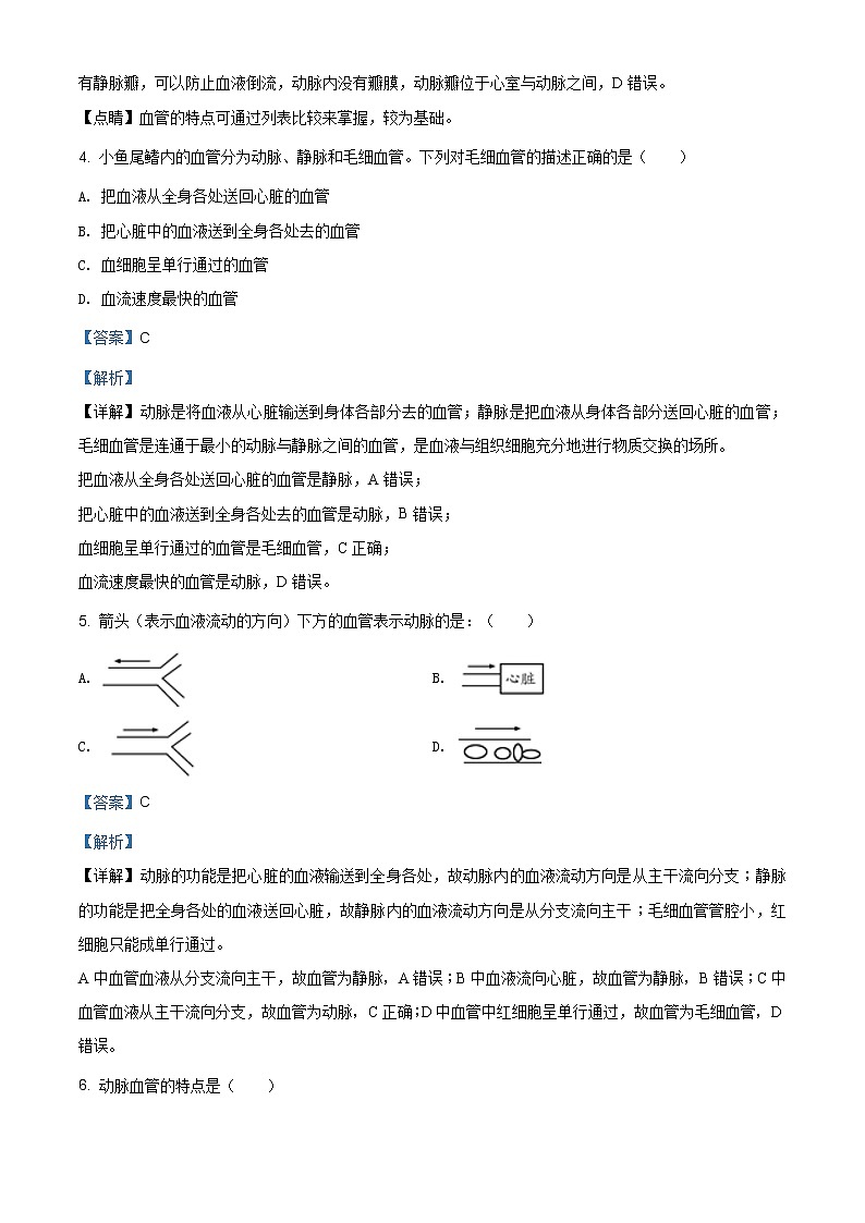 精品解析：4.2血流的管道-血管同步练习-人教版七年级下册生物02