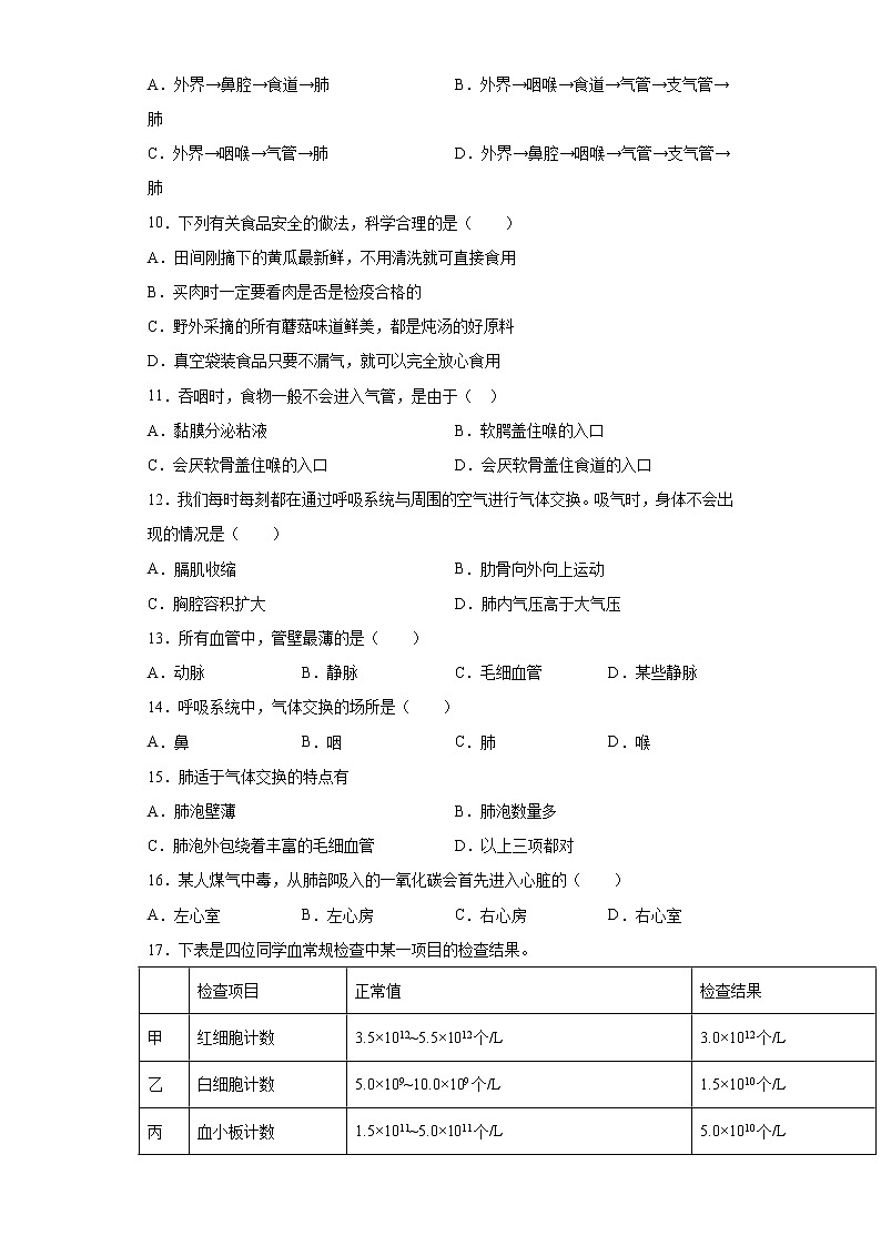 河南省周口市郸城县2020-2021学年七年级下学期期中生物试题（word版 含答案）02