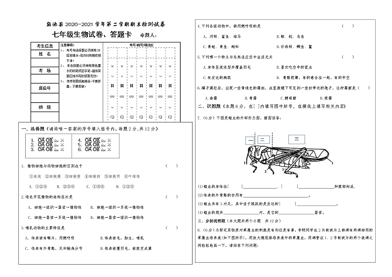 宁夏吴忠市盐池县2020-2021学年七年级下学期期末考试生物试题（word版 含答案）第1页