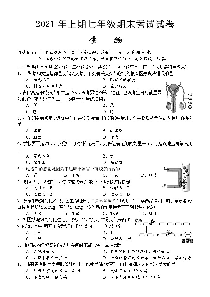 湖南省怀化市部分县区2020-2021学年七年级下学期期末考试生物试题（word版 含答案）第1页