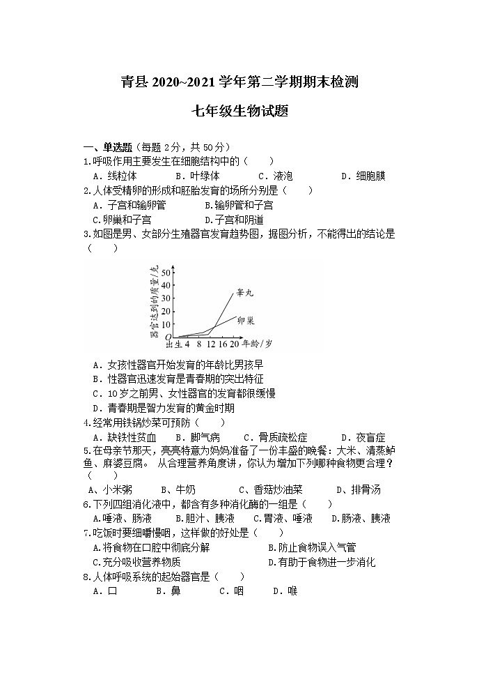 河北省沧州市青县2020-2021学年七年级下学期期末考试生物试题（word版 含答案）01