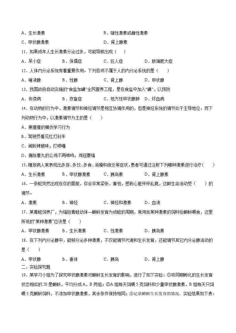 4.6.4 激素调节（练习）-2019-2020学年七年级下册生物同步精品课堂（人教版）02