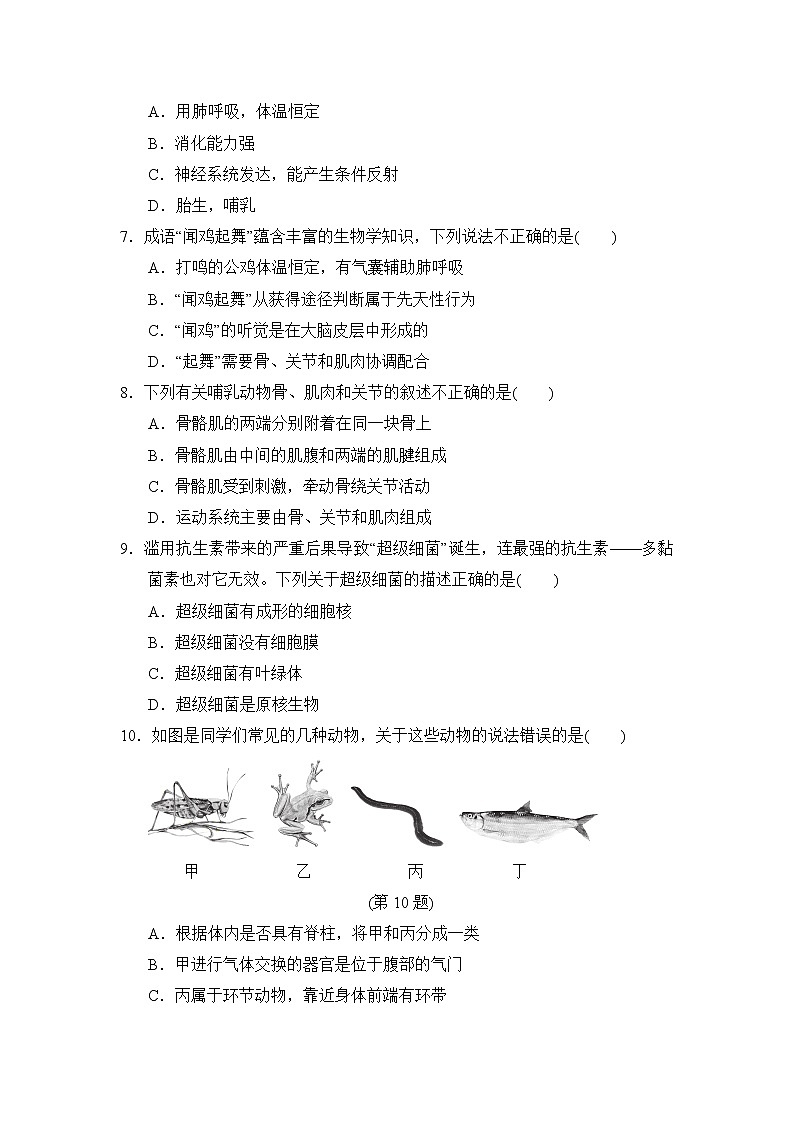 人教版八年级上册生物 第一学期期末达标测试卷（一）第2页