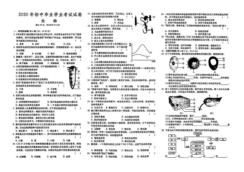 （长沙市）人教版2020年八年级《生物》初中毕业学业水平考试真题卷第二十套（有答案解析）01