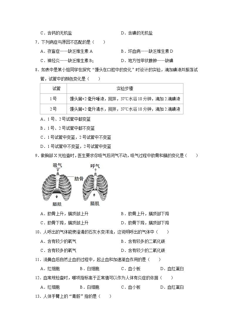 2020-2021学年天津市滨海新区七年级下学期期末生物试卷（word版 含答案）第2页