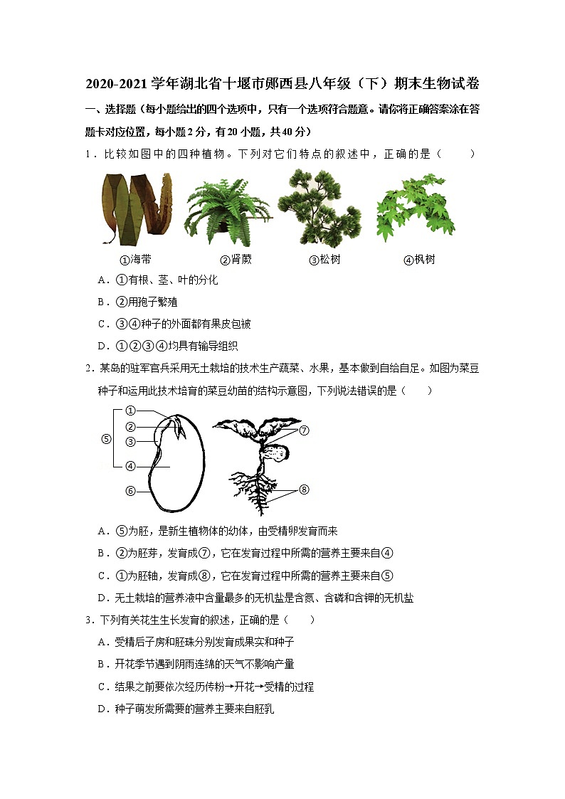 2020-2021学年湖北省十堰市郧西县八年级下学期期末生物试卷（word版 含答案）第1页