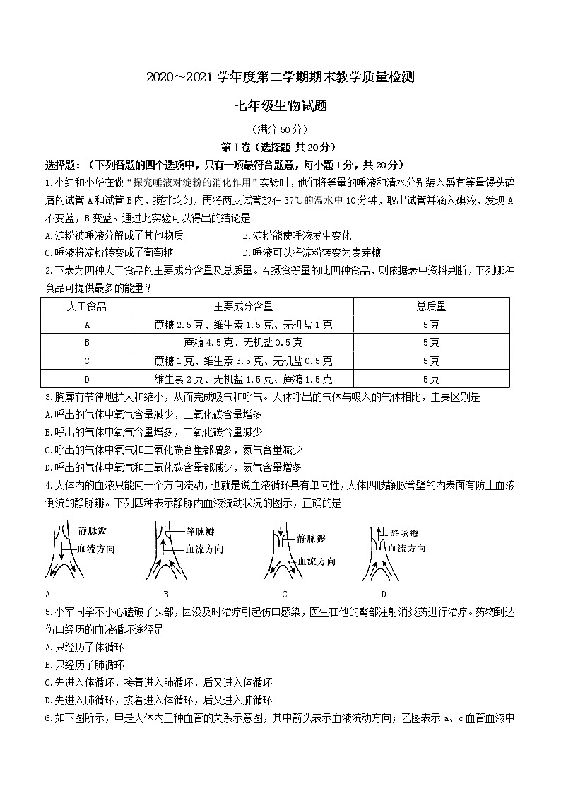 山东省济宁市鱼台县2020-2021学年七年级下学期期末生物试题（word版，含答案）01