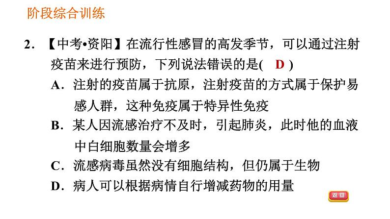 人教版八年级下册生物习题课件 第8单元 阶段综合训练 健康地生活05