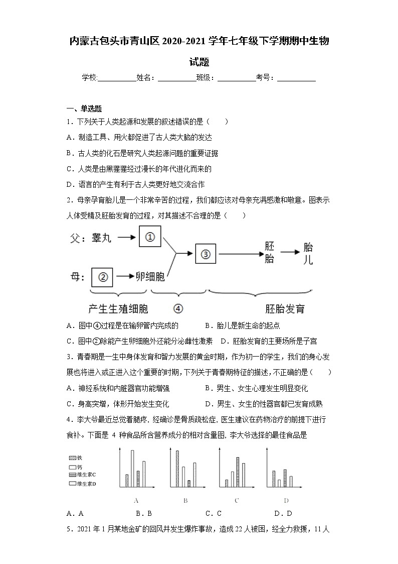 内蒙古包头市青山区2020-2021学年七年级下学期期中生物试题（word版 含答案）01
