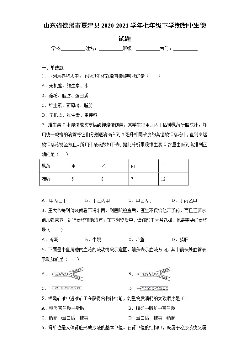 山东省德州市夏津县2020-2021学年七年级下学期期中生物试题（word版 含答案）01