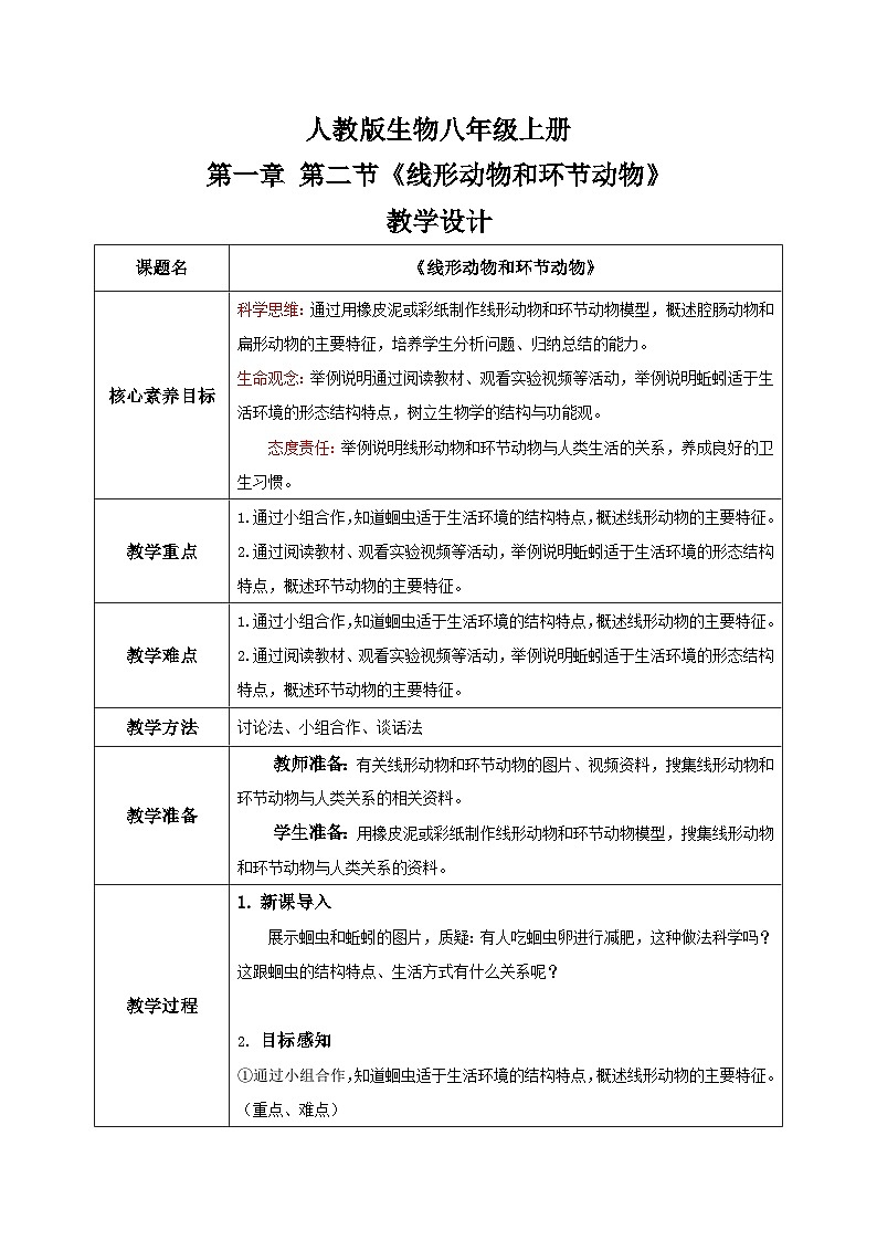 【核心素养目标】人教版初中生物八年级上册5.1.2《线形动物和环节动物》课件+视频+教学设计+同步分层练习（含答案）01