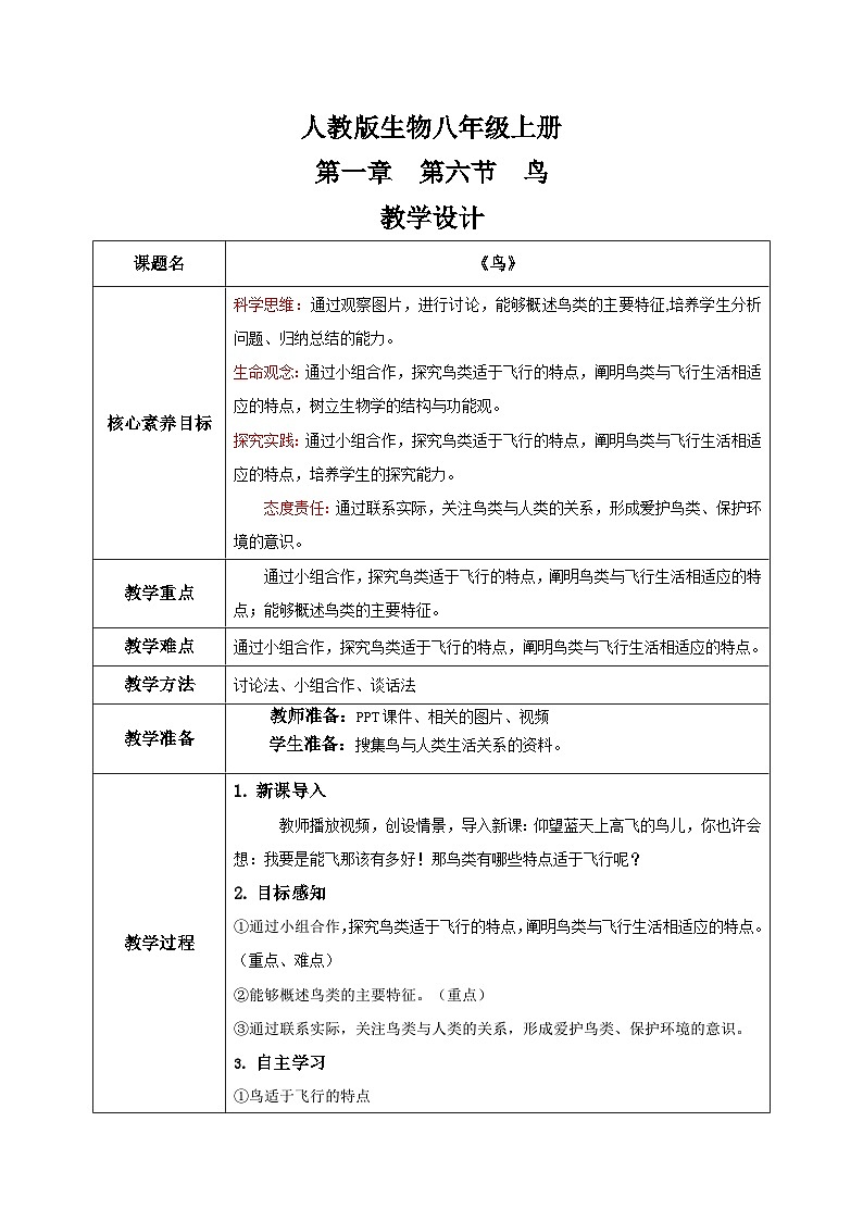 【核心素养目标】人教版初中生物八年级上册5.1.6《鸟》课件+视频+教学设计+同步分层练习（含答案）01