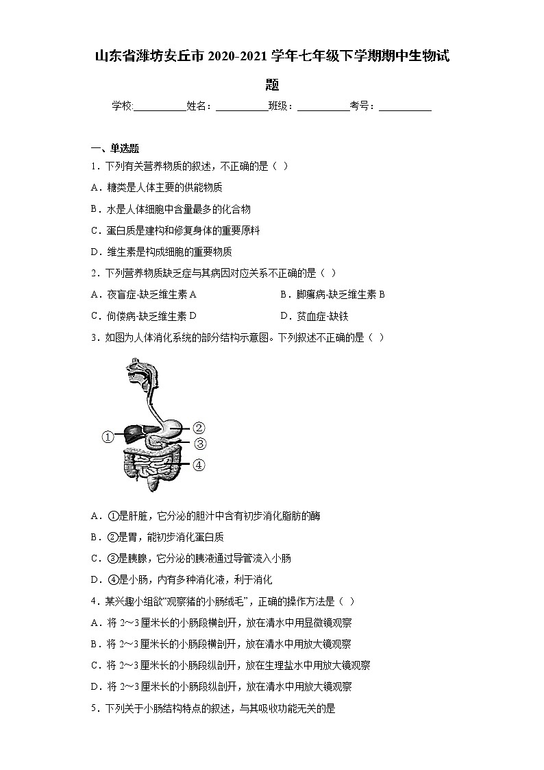 山东省潍坊安丘市2020-2021学年七年级下学期期中生物试题（word版 含答案）第1页