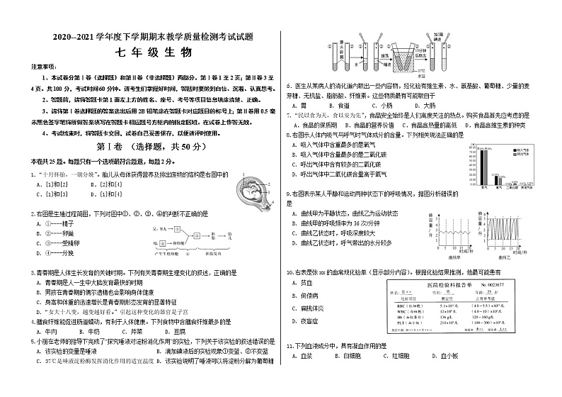 山东省临沂市蒙阴县2020-2021学年七年级下学期期末生物试题（word版，有答案）01