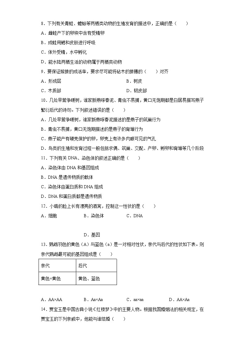 河北省邯郸市魏县2020-2021学年八年级下学期期中生物试题（word版 含答案）02