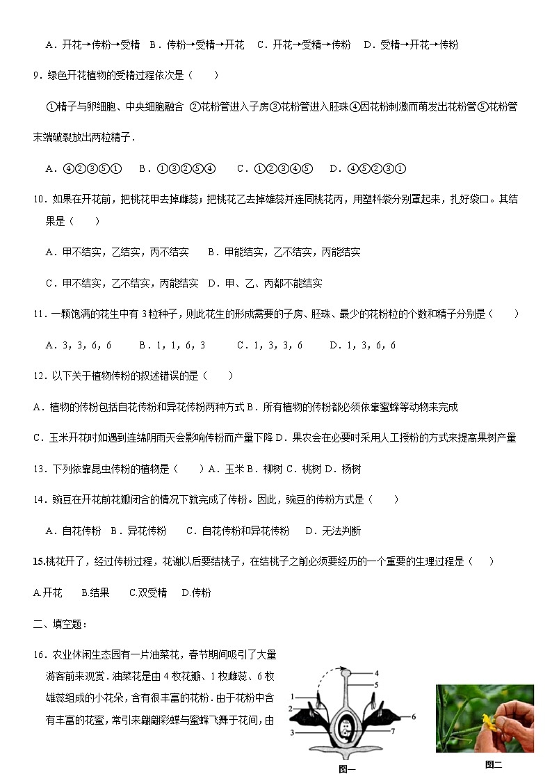 济南版生物八年级上册第一章第二节传粉和受精练习题02