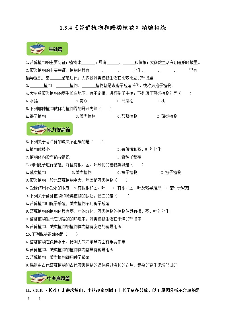 1.3.4《苔藓植物和蕨类植物》精编练习第1页