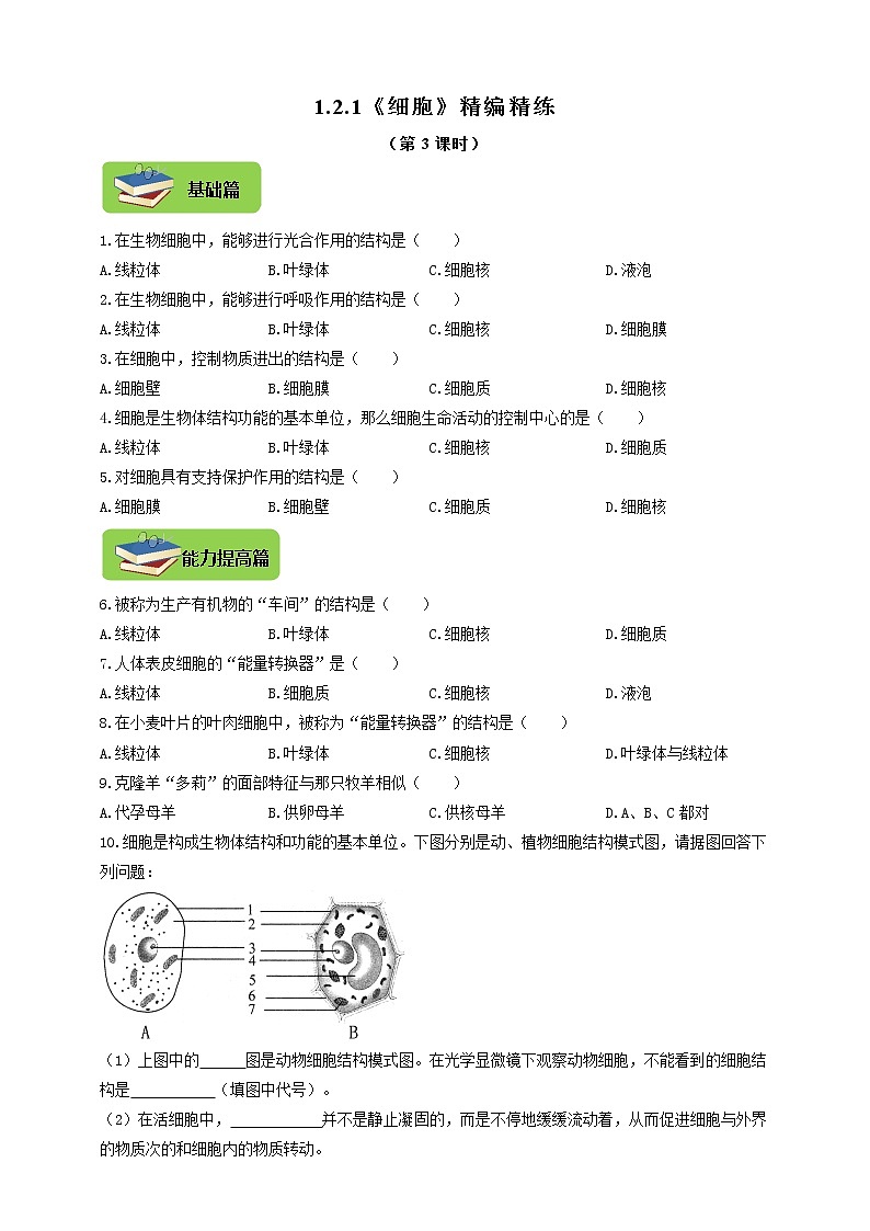 1.2.1《细胞》（第3课时）同步练习第1页