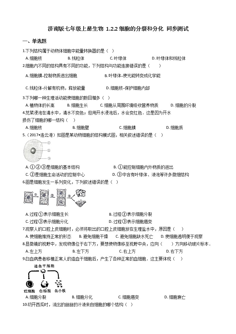 1.2.2 细胞的分裂和分化 同步测试（含解析）第1页
