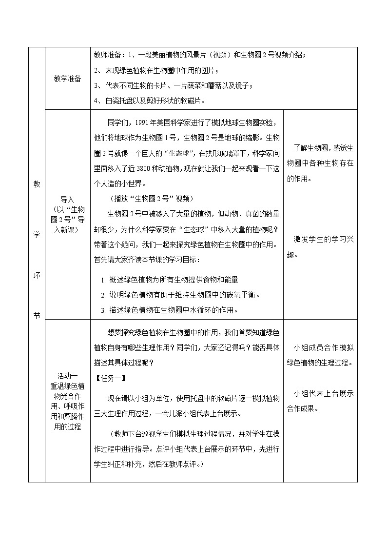 冀教版八年级生物上册第三单元 第五章 《绿色植物在生物圈中的作用》教学设计02