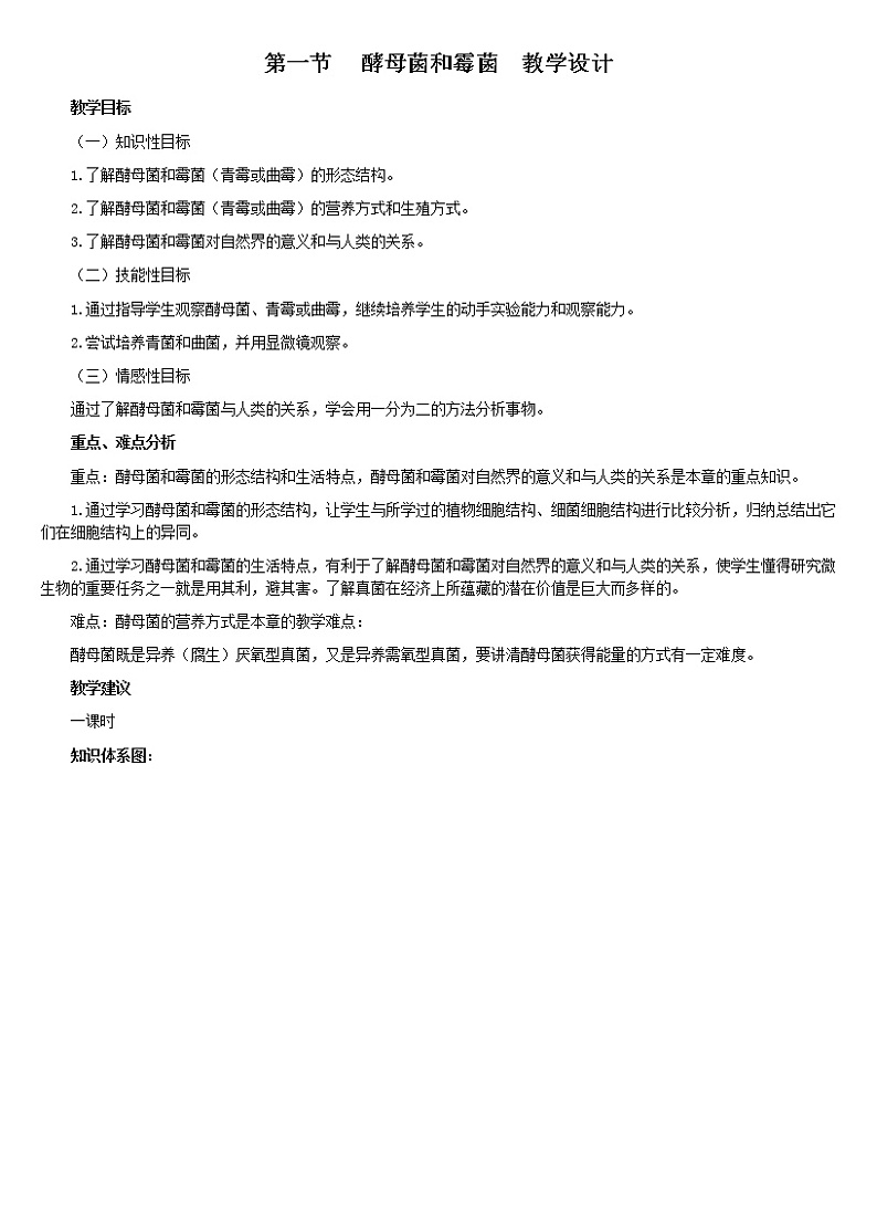 冀教版八年级生物上册第五单元第二章《第一节 酵母菌和霉菌》教学设计01