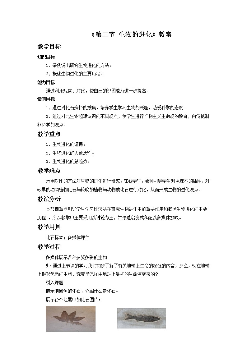 北京版初中生物八年级上册12.2《生物的进化》教案第1页