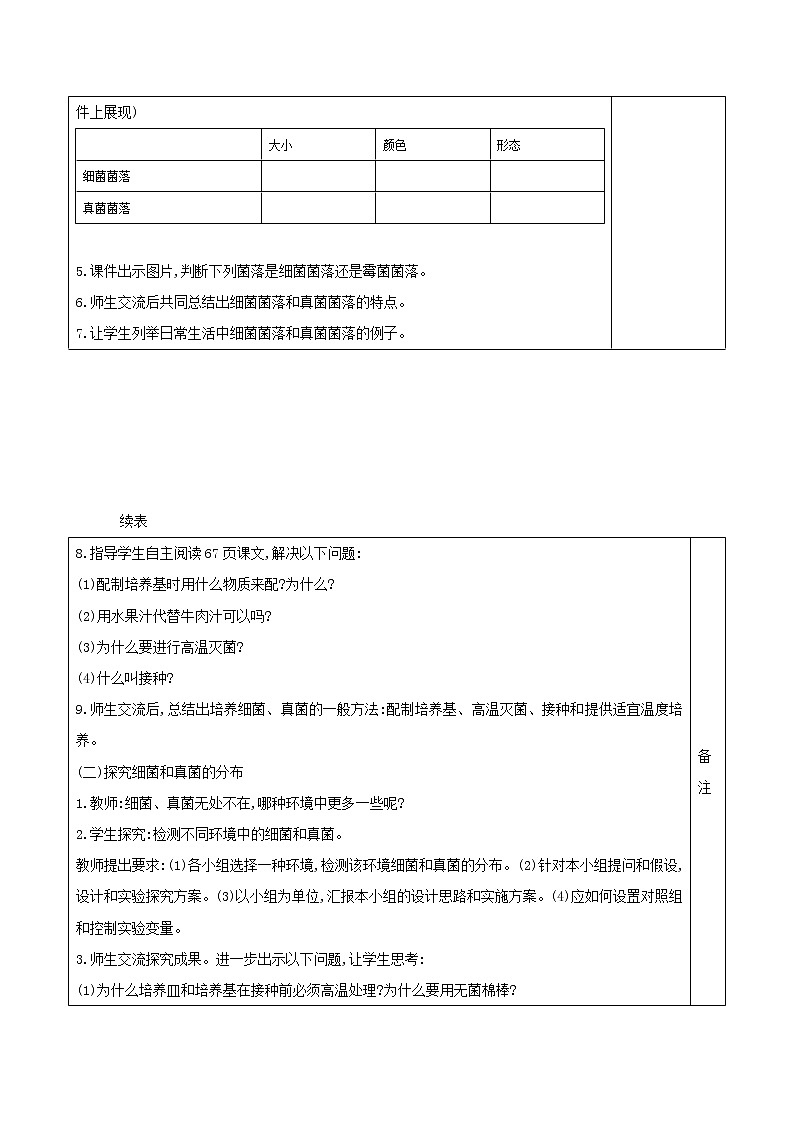 5.4.1 细菌和真菌的分布 表格式教案02