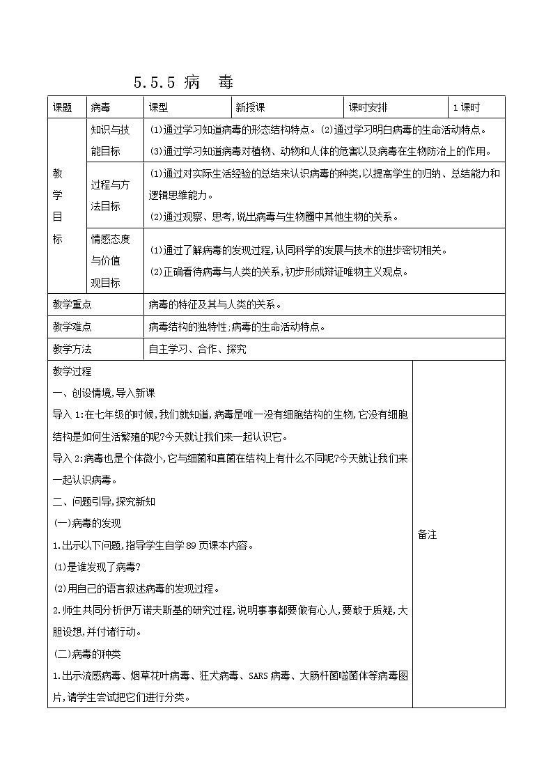 5.5 病毒 表格式教案01