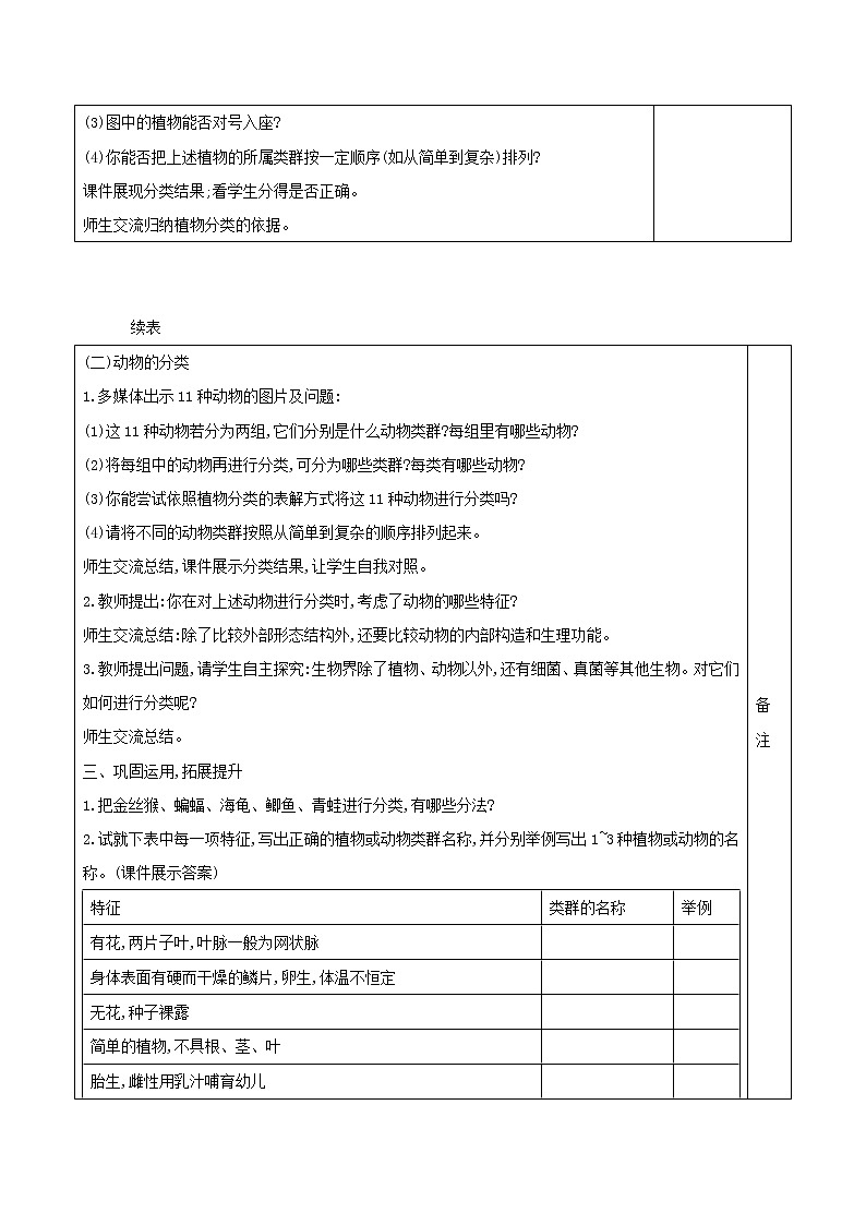 6.1.1 尝试对生物进行分类 表格式教案02