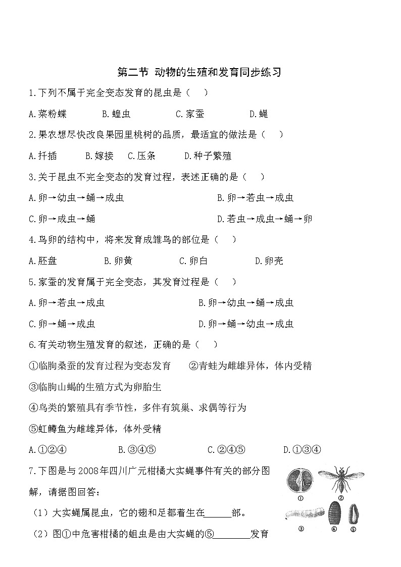 6.19.2动物的生殖和发育 同步练习01