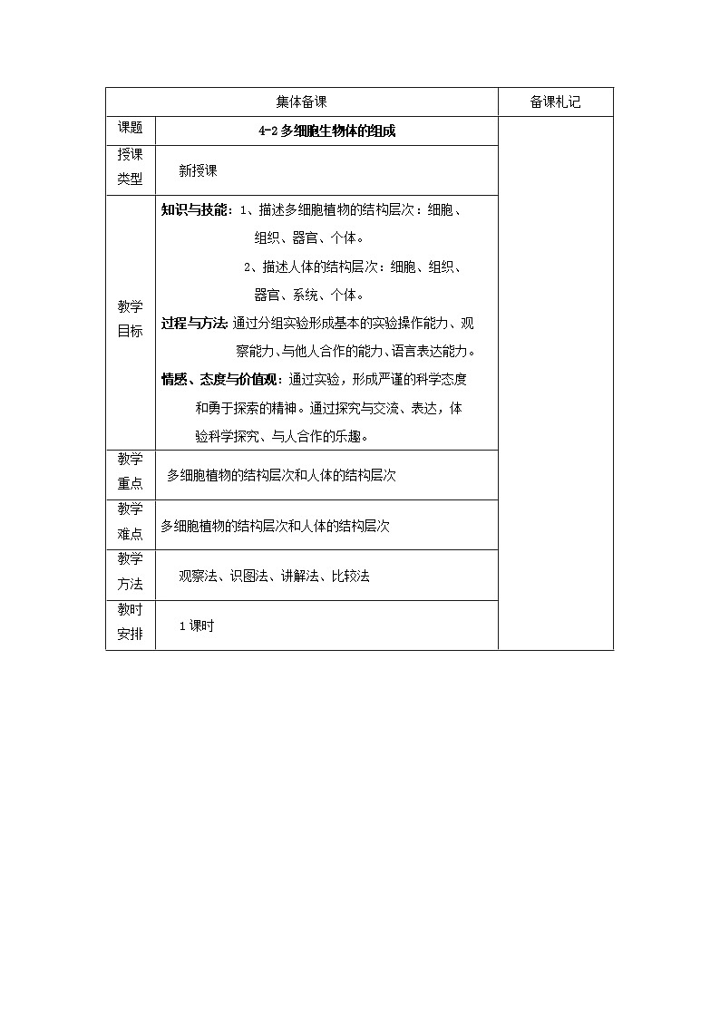 4.2 多细胞生物体的组成 教案01