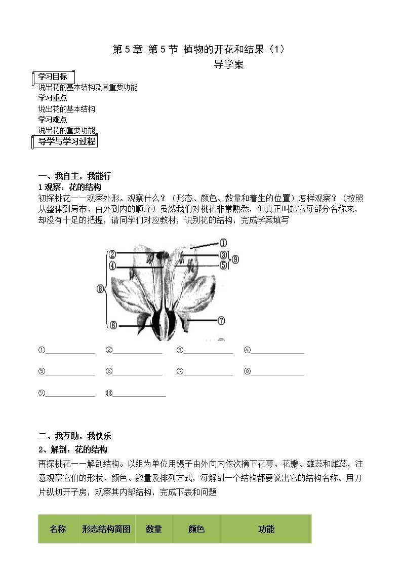 第五节 植物的开花和结果 学案01