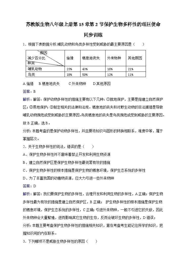 苏教版生物八年级上册第15章第2节保护生物多样性的艰巨使命同步训练01