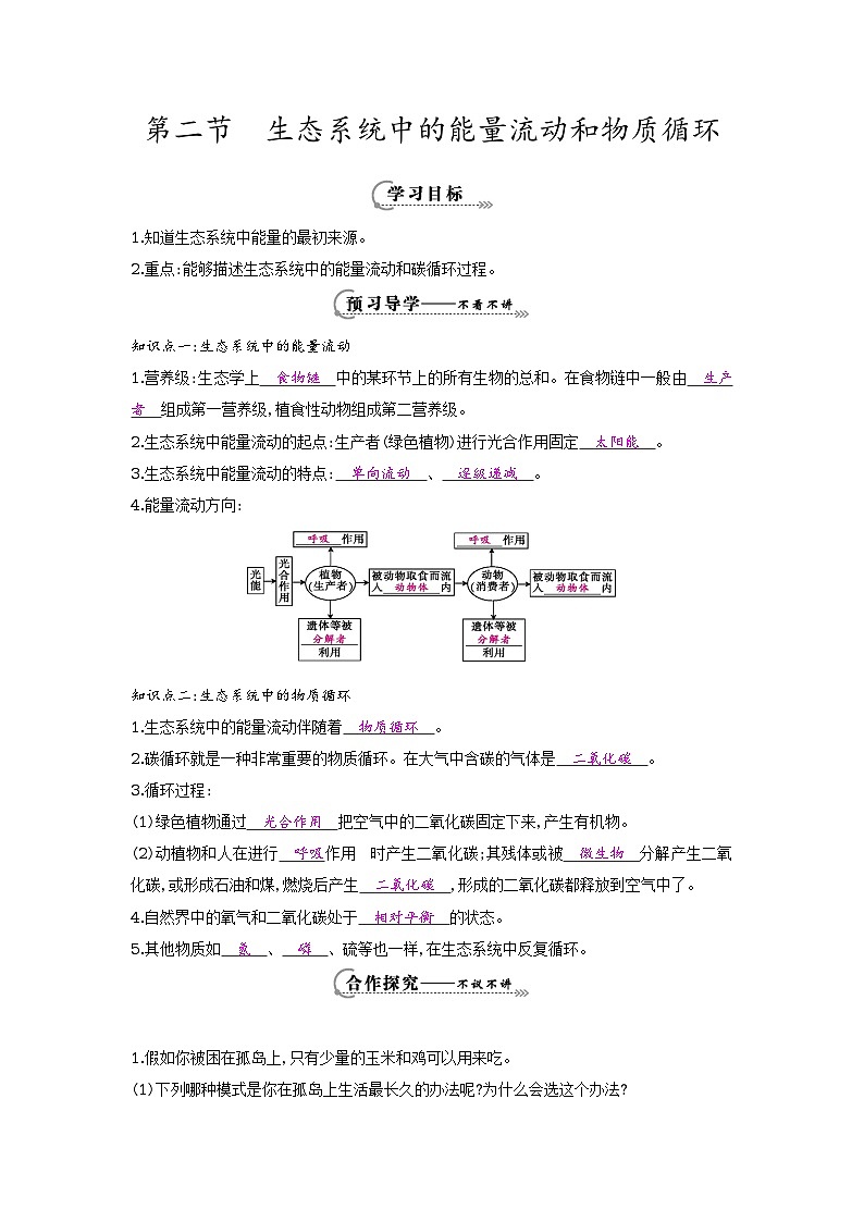 八年级生物上册第十九章第二节《生态系统的能量流动和物质循环》导学案01