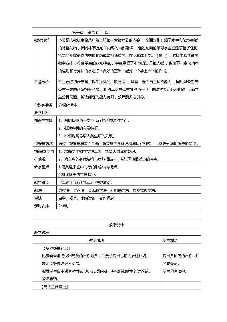 5.1.6 鸟 教案 人教版八年级上册生物01