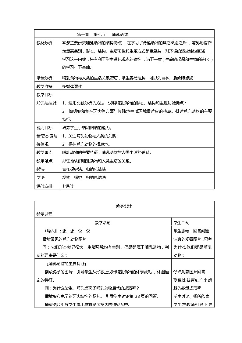 5.1.7 哺乳动物 教案 人教版八年级上册生物01