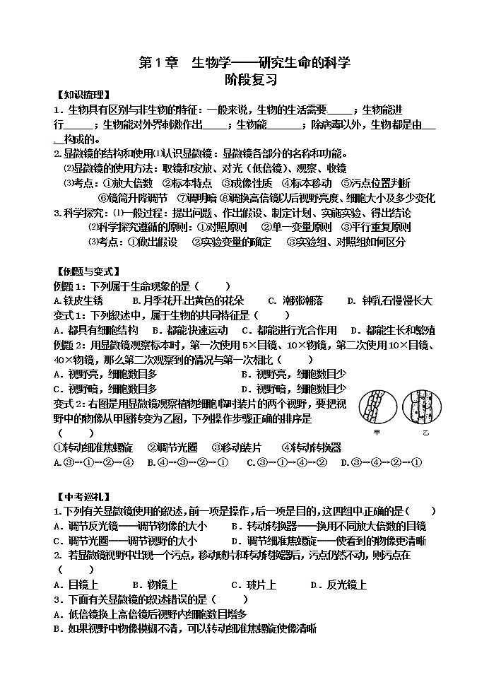 苏科版七年级生物上册阶段复习导学案：第1章 生物学——研究生命的科学01