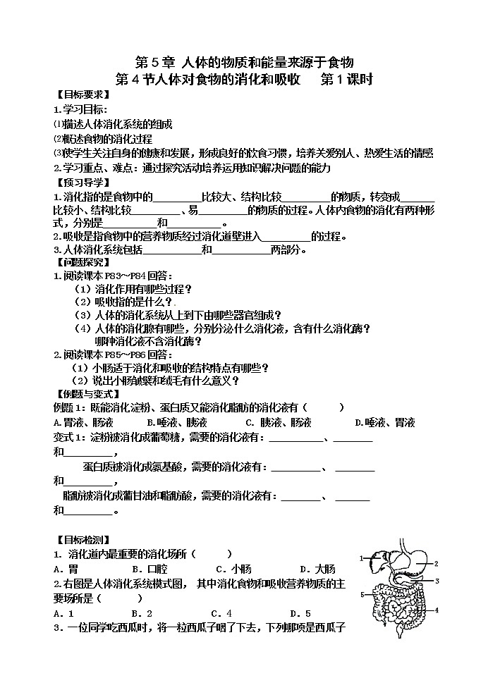 苏科版七年级生物上册导学案：5.4 人体对食物的消化和吸收01