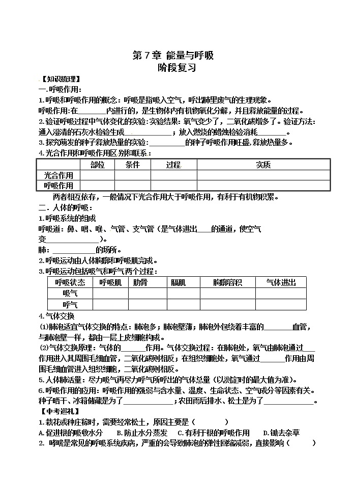 苏科版七年级生物上册阶段复习导学案：第7章 能量与呼吸01