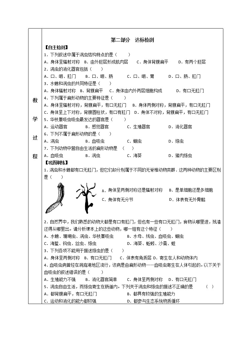 5.1.1 腔肠动物和扁形动物（2） 导学案 人教版八年级生物上册02
